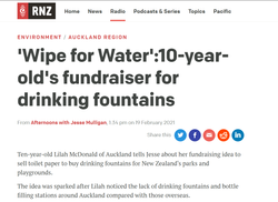 Webpage headline Wipe For Water 10 yr old's fundraiser for drinking fountains